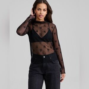 NWT! Women's Bow-Motif Lace Mock Neck Top